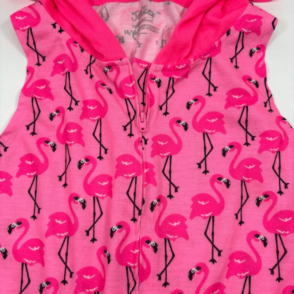 Justice Girls 14/16 Romper Pink Flamingo Hooded Zip Up Sleeveless Animal Novelty